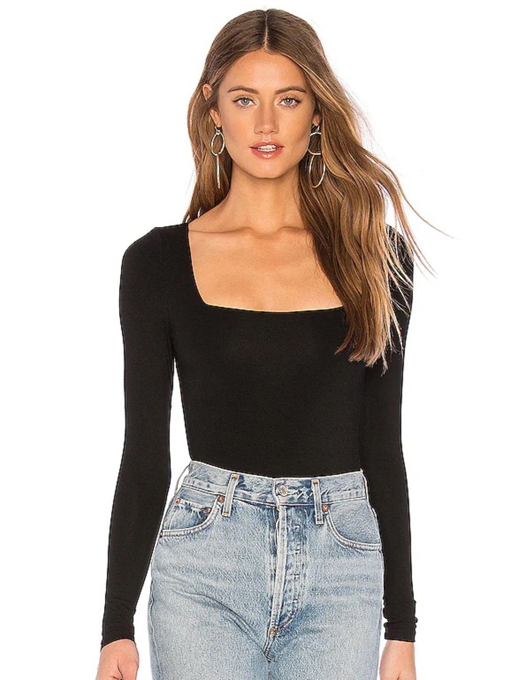 superdown Black Long Sleeve Square Neck Bodysuit